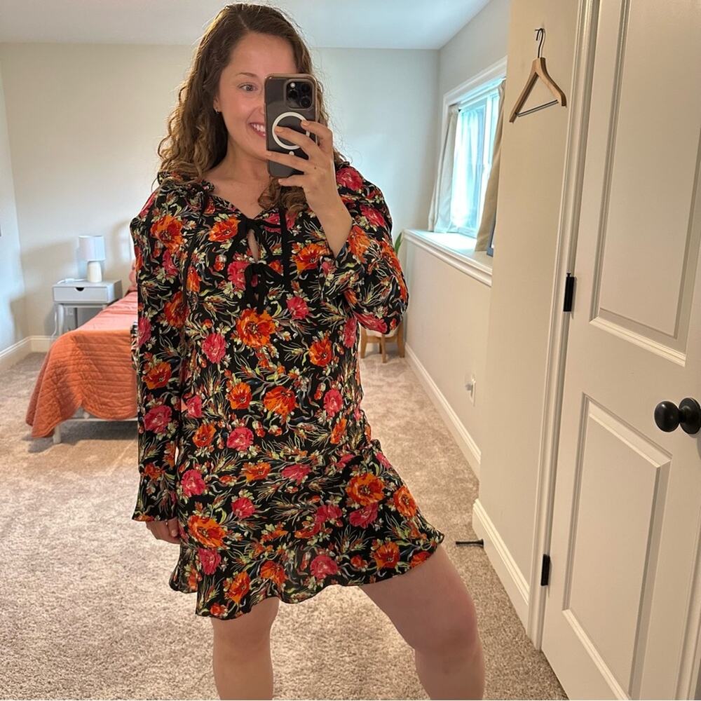 Sandro Paris Black Orange Pink Silk Floral Mini Dress Small - Picture 2 of 16
